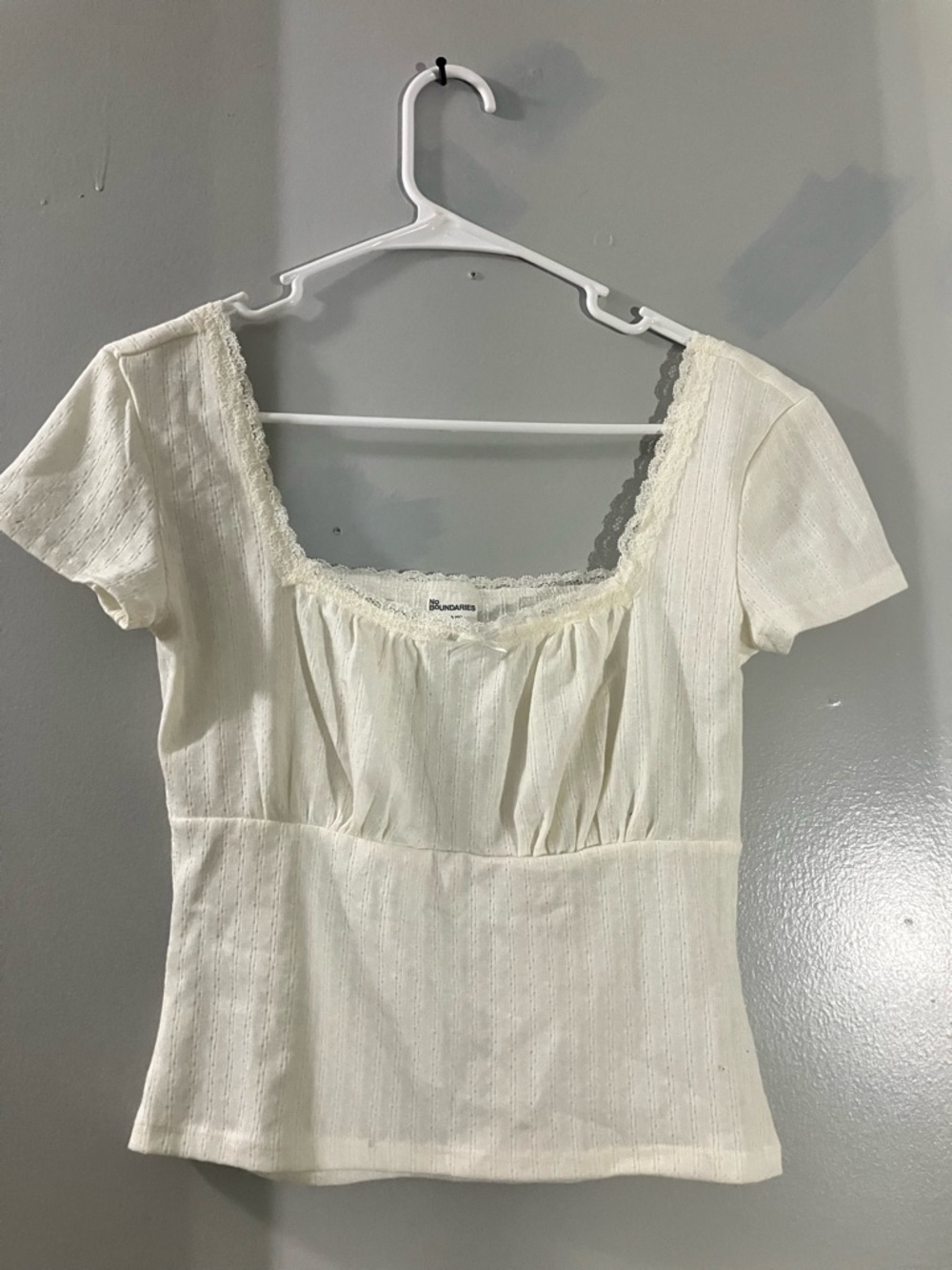 No Boundaries Cream Lace-Trim Short Sleeve Scoop Top